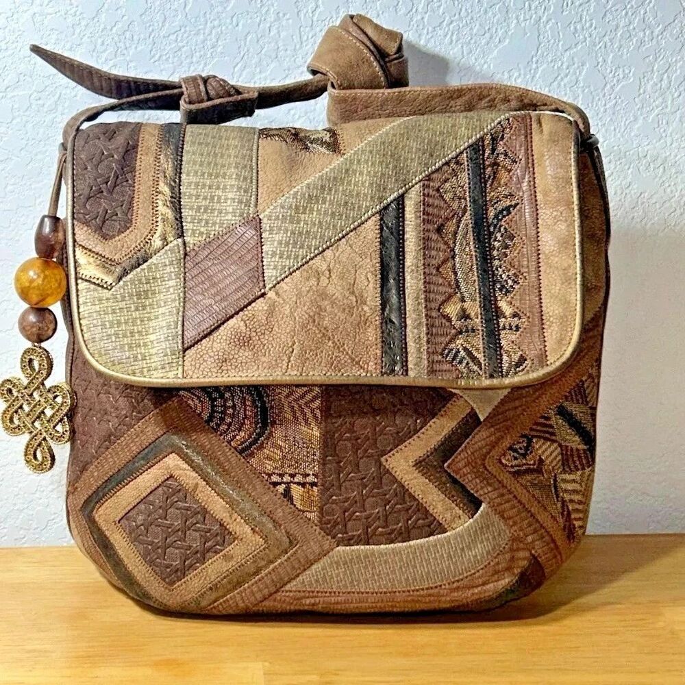 VTG 80s Sharif Patchwork Bag Beige Brown Leather Fabric Shoulder Purse